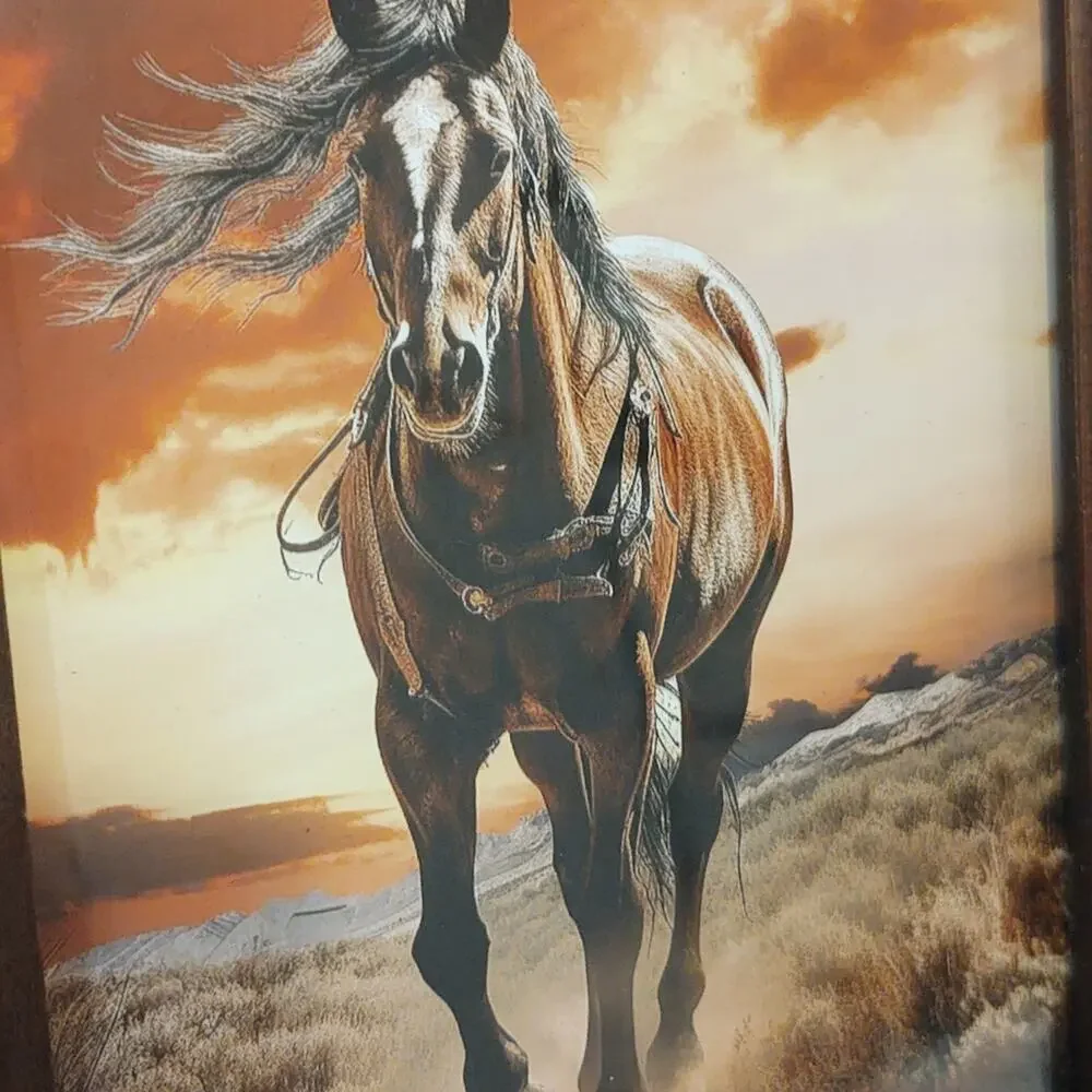 Framed wooden digital created picture of a horse running through the plains
